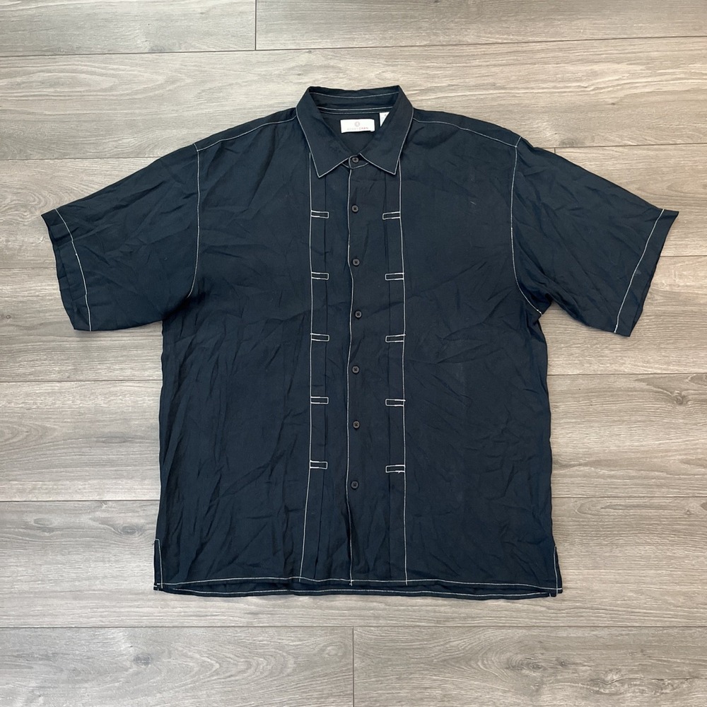 Bobby Chan Mens XL Button Up Short Sleeve Shirt Black Silk/Bamboo